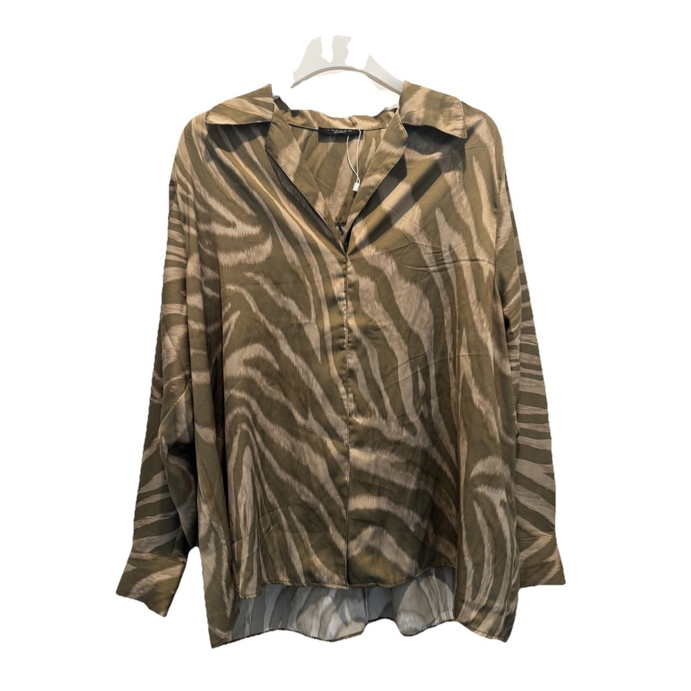 NWT Tahari Women's Sz 2X/TTG Top Olive Zebra Print Shirt Long Sleeve Work Casual